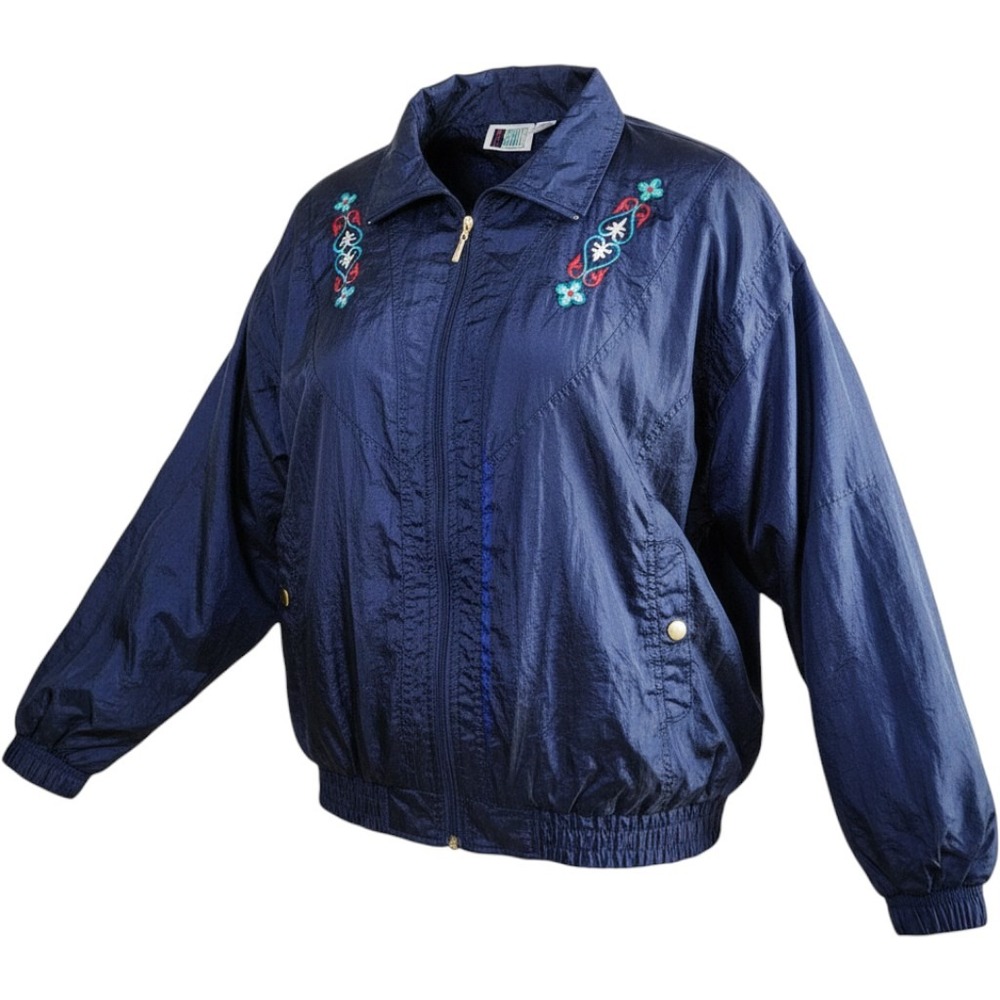BOLD SPIRIT VTG 90's Windbreaker Womens XL Blue Floral Embroidered Grandma Core